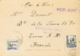 1 SOBRE Canarias. 39 1938. 1'25 Pts Sobre 10 Cts Verde Y 50 Cts Azul. LA LAGUNA A CANNES (FRANCIA). En El Frente Marca C - Autres & Non Classés