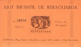 1 ** Carnet Completo De Cuarenta Sellos Del 5 Cts Azul Y Ocre AJUT INFANTIL DE RERAGUARDA. MAGNIFICO Y MUY RARO COMPLETO - Spanish Civil War Labels