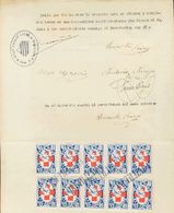 1 SOBRE 1937. 10 Cts Azul Y Rojo AJUDEU A LA CRUZ ROJA, Diez Sellos, Sobre Documento Testifical Del Juzgado Nº3, De Barc - Spanish Civil War Labels