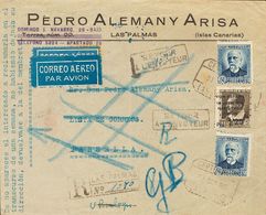 1 SOBRE 3 1936. 1'25 Pts Sobre 5 Cts Castaño Y 50 Cts Azul, Dos Sellos. Certificado De LAS PALMAS A MARSELLA, Devuelta A - Other & Unclassified