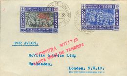 1 SOBRE 58, 55 1938. 2 Pts Sobre 50 Cts Azul Y Negro Y 50 Cts Azul Y Ultramar. SANTA CRUZ DE TENERIFE A LONDRES (INGLATE - Other & Unclassified