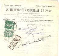 4220 NEUILLY PLAISANCE Banlieue Mutualité Maternelle Paris Retour Envoyeur Ob 16 5 1927 5c Blanc 10c Semeuse Yv 111 159 - Cartas & Documentos