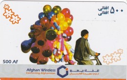 Afghanistan, Afghan Wireless (Mobile Refill), 500 Afs, Man With Balloons, 2 Scans.  ENPI8271 (orange Bottomline) - Afghanistan