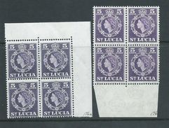 St Lucia 1953 QEII Definitives 5c Both Shades MNH Marginal Blocks Of 4 , Some Creasing - Ste Lucie (...-1978)