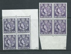 St Lucia 1953 QEII Definitives 5c Both Shades MNH Marginal Blocks Of 4 , Some Creasing - St.Lucia (...-1978)