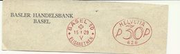 Helvetia Nice Cut Meter Basler Handelsbank, Basel Elisabethen 15/5/1929 - Frankiermaschinen (FraMA)