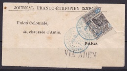 Obock N°54 Coupé En Deux Sur Bande Journal Adressée à Paris Via Aden Du 23 Dec 01 - Cartas & Documentos