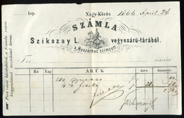 NAGYKŐRÖS 1866 (!) Szikszy L. Vegyesáru Tár , A "Huszárhoz" Dekoratív Korai Számla  /  NAGYKŐRÖS 1866 (!) Szikszy  - Non Classés