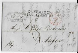 DANEMARK - 1847 - LETTRE De ELSENEUR CACHET D' ENTREE TOUR ET TAXIS Par VALENCIENNES + DANEMARCK Par HAMBOURG => ANGERS - Entry Postmarks