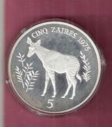 ZAIRE 5 ZAIRES 1975 SILVER PROOF WWF OKAPI SPOTS ON CAPSEL - Zaire (1971 -97)