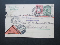 AD Bayern 1908 GA Mit Zusatzfrankatur! Interessante Verwendung! Nachnahme. Glas & Spiegelmanufactur Fürth - Radeburg - Ganzsachen