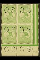 OFFICIALS 1913 ½d Pale Green, Punctured "O S" (smaller Letters, SG Type O2), Corner Marginal Block Of 4, SG O16, Very Fi - Autres & Non Classés