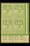 OFFICIALS 1913 ½d Pale Green, Punctured "O S" (smaller Letters, SG Type O2), Corner Marginal Block Of 4, SG O16, Very Fi - Andere & Zonder Classificatie