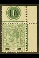 1912-19 £1 Dull Green And Black, Wmk Multi Crown CA, SG 89, A Very Fine Mint Top Right Hand Corner Marginal Showing Cont - Altri & Non Classificati