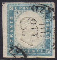 SARDINIA 1855 20c Cobalto Latteo Chiaro, Sassone 15c, Fine Used, Four Large Margins, Signed & Shade Identified By Sorani - Non Classificati