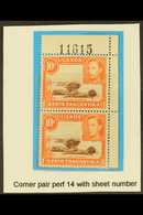 1941 10c Red-brown And Orange, Perf 14, SG 134b, A Never Hinged Mint CORNER PAIR With Sheet Number In Top Margin. (2 Sta - Vide