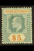 1904-10 $5 Dull Green & Brown-orange, Wmk Mult Crown CA, Chalky Paper, SG 138a, Fine Mint. For More Images, Please Visit - Straits Settlements