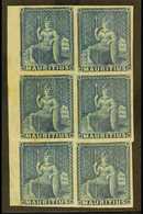 1858 Unissued Blue "Britannia", SG 31, Marginal Mint Block Of 6 (1 Block Of 6) For More Images, Please Visit Http://www. - Maurice (...-1967)