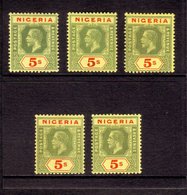 1914-29 5s Green And Red / Yellow Wmk Mult Crown CA FIVE LISTED SHADES, SG 10, 10a, 10c, 10d & 10e, Very Fine Mint. Fres - Nigeria (...-1960)