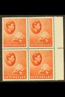 1938-49 NHM MULTIPLE 15c Brown Carmine On Chalky Paper, SG 139a, Marginal Block Of 4, Never Hinged Mint. Lovely, Post Of - Seychellen (...-1976)