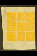 1933-60 ½t Yellow Imperf, SG 9Bb, Very Fine Unused No Gum As Issued BLOCK Of 9 With Margins To Top, Right & Bottom, Very - Tibet