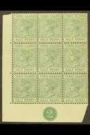 TURKS ISLANDS 1182-5 ½d Pale Green, Corner BLOCK OF NINE With Control No.2, SG 53a, Minor Imperfections On Reverse, Nice - Turks & Caicos (I. Turques Et Caïques)