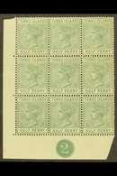 TURKS ISLANDS 1182-5 ½d Pale Green, Corner BLOCK OF NINE With Control No.2, SG 53a, Minor Imperfections On Reverse, Nice - Turks- En Caicoseilanden