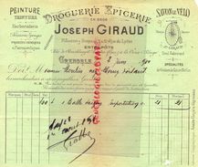38- GRENOBLE- FACTURE JOSEPH GIRAUD- SAVON LE VELO-DROGUERIE EPICERIE- PEINTURE TEINTURE- 8 RUE DU LYCEE- 1900 - Drogisterij & Parfum