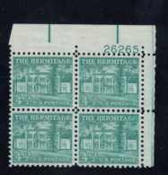 Sc#1037 4-1/2 Cent The Hermitage Andrew Jackson Home Liberty Regular Issue, Plate # Block Of 4 Mint Stamps - Numero Di Lastre