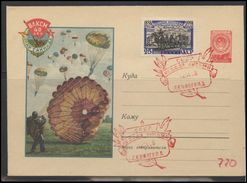 RUSSIA USSR Stamped Stationery Ganzsache 770 1958.09.04canc Komsomol 40 Years Sport Games Parachute Jumping Special Canc - 1950-59