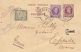 CARTE TAXEE. BELGIQUE. THIENANT 1925.  TAXE 0.10. POURTANT 20c DUVAL GIVRY EN ARGONNE MARNE /  1834 - 1859-1959 Covers & Documents