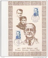 VENISSIEUX - ENCART SUR SOIE -PREMIER JOUR -ANDRE MALRAUX -OBLITERATIONS ILLUSTREES PARIS ET VENISSIEUX - Documentos Del Correo