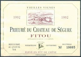 1571 - France - Vieilles Vignes - 1992 - Prieuré De Château De Ségure - Fitou - Producteurs Du Mont Tauch 11350 Tuchan - Rode Wijn