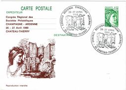 CP EP SABINE 1f10 REPIQUAGE CONGRES S.TES PHILATELIQUES CHAMPAGNE ARDENNE AVRIL 1980 - Cartes Postales Repiquages (avant 1995)