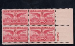 Sc#C40 6c 1949 Air Mail Issue Plate # Block Of 4 US Stamps - Plattennummern
