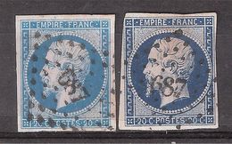 Empire N° 14 A & A A BLEU FONCE , 2 Timbres Obl Pc 687 De CETTE ( Sète ) Hérault TB - 1853-1860 Napoleon III