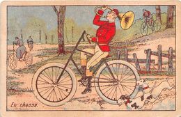 ILLUSTRATEUR  -  CHASSE   -  CHASSEUR  -  Vélo , Cor , Chiens   - Chromo  - Publicité " Jules FOULON " - Chasse