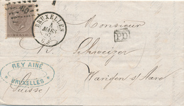 754/25 - Lettre TP 19 Losange De Points 60 BXL 1867 Vers La Suisse - Marque De Passage SUISSE AMBT EST - Doorgangstempels