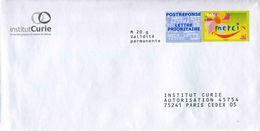 POSTREPONSE LETPRIO "Institut Curie" Avec Timbre "Merci" - Au Verso N° 11P412 (format 119 X  220 Mm) - PAP : Risposta