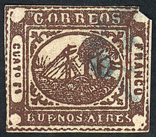 ARGENTINA: GJ.9A, 4rs. Chocolate, Oily Impression, 4 Margins (one Blunt Corner), W - Buenos Aires (1858-1864)