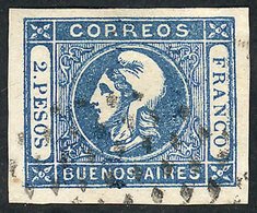 ARGENTINA: GJ.22, 2P. Blue, Semi-clear Impression, Dotted Cancel, With Ample Margi - Buenos Aires (1858-1864)