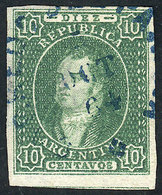 ARGENTINA: GJ.17, 10c. Green IMPERFORATE, Very Clear Impression, Immense Margins ( - Used Stamps