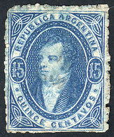 ARGENTINA: GJ.22, 15c. Blue, ABSOLUTELY CLEAR Impression, With Light Strike Of Blu - Usados