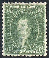ARGENTINA: GJ.23, 10c. Almost Clear Impression, In A Rare OLIVE GREEN Color, Very - Oblitérés