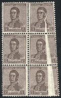 ARGENTINA: GJ.459, 2c. San Martín Unwatermarked, Block Of 6 With Notable PAPER FOL - Other & Unclassified