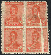 ARGENTINA: GJ.469, 5c. San Martín Unwatermarked, Block Of 4 With Notable PAPER FOL - Other & Unclassified