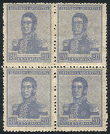ARGENTINA: GJ.472a, San Martín 20c. Unwatermarked, Block Of 4 With COMPLETE DOUBLE - Other & Unclassified