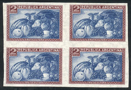 ARGENTINA: GJ.792a, 2P. Fruit With Straight Rays Wmk, IMPERFORATE BLOCK OF 4, MNH, - Autres & Non Classés