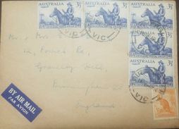 A) 1947 AUSTRALIA, MAN IN HORSE, COWBOY, ANIMALS, KANGAROO, FAUNA, MULTIPLE STAMPS, AIRMAIL, CIRCULATED COVER FROM AUSTR - Brieven En Documenten