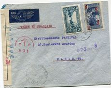 GRAND LIBAN LETTRE PAR AVION CENSUREE AVEC COMPLEMENT D'AFFRANCHISSEMENT AU DOS DEPART BEYROUTH 12 VI 45 POUR LA FRANCE - Covers & Documents